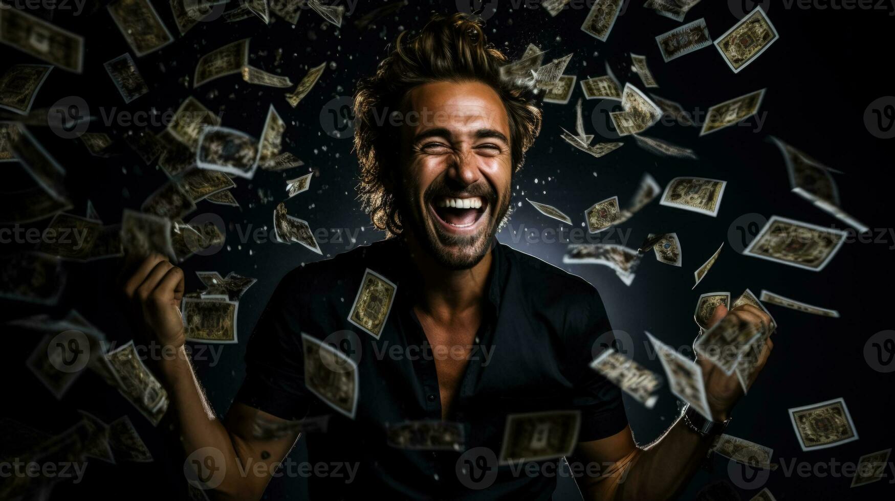 Winning the lottery portrait face on dark background with a place for text photo