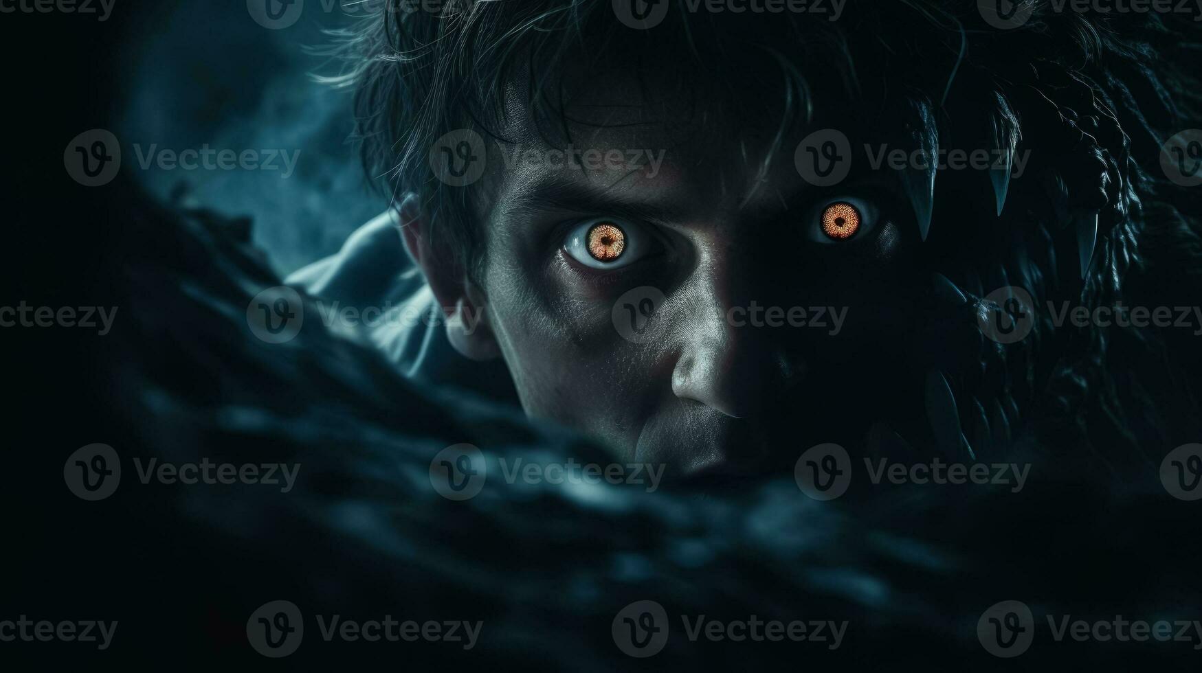 Being chased by a monster shocked portrait of a person dark background with a place for text photorealism photo