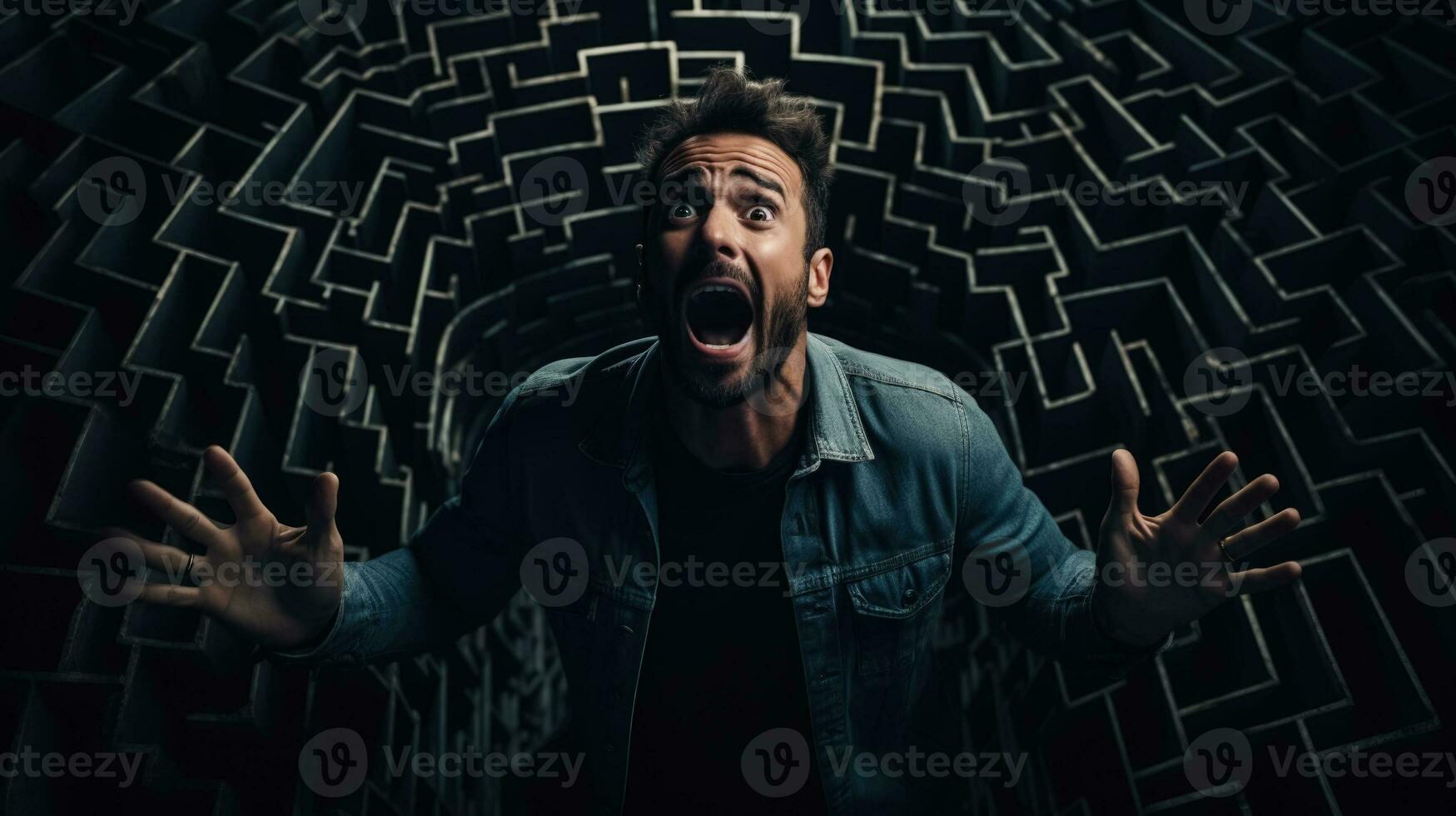 Being lost in a maze shocked screaming face of a man dark background with a place for text photo