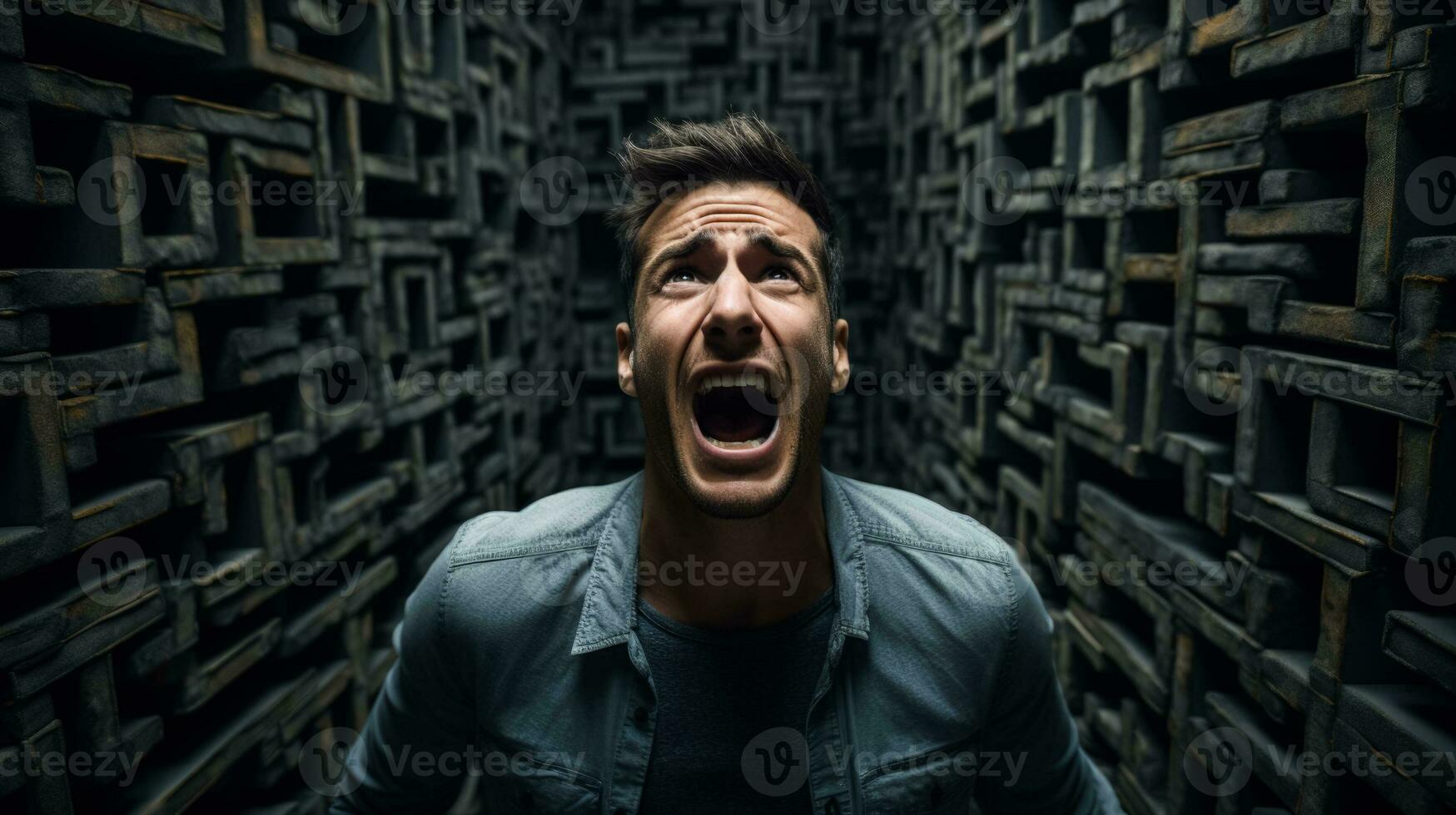 Being lost in a maze shocked screaming portrait of a man dark background with a place for text photo