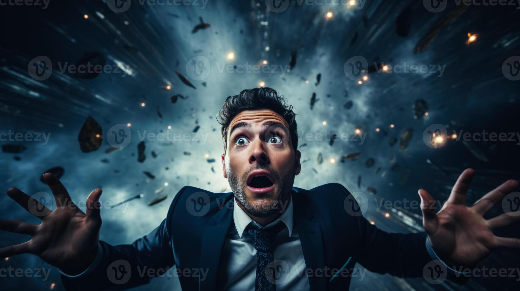 Falling from a great height shocked man dark background with a place