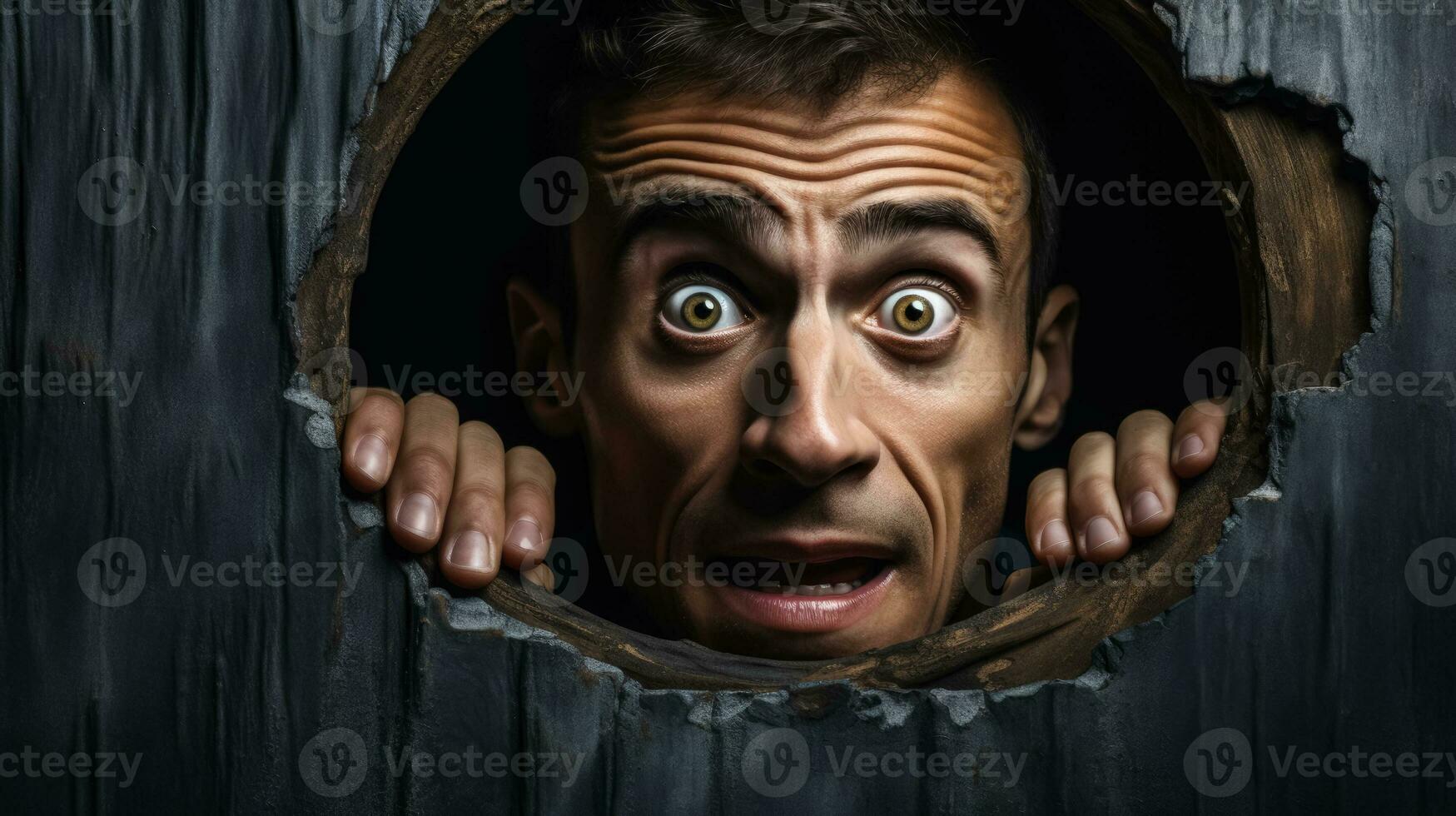 Being trapped in a confined space confused face on dark background with a place for text photo