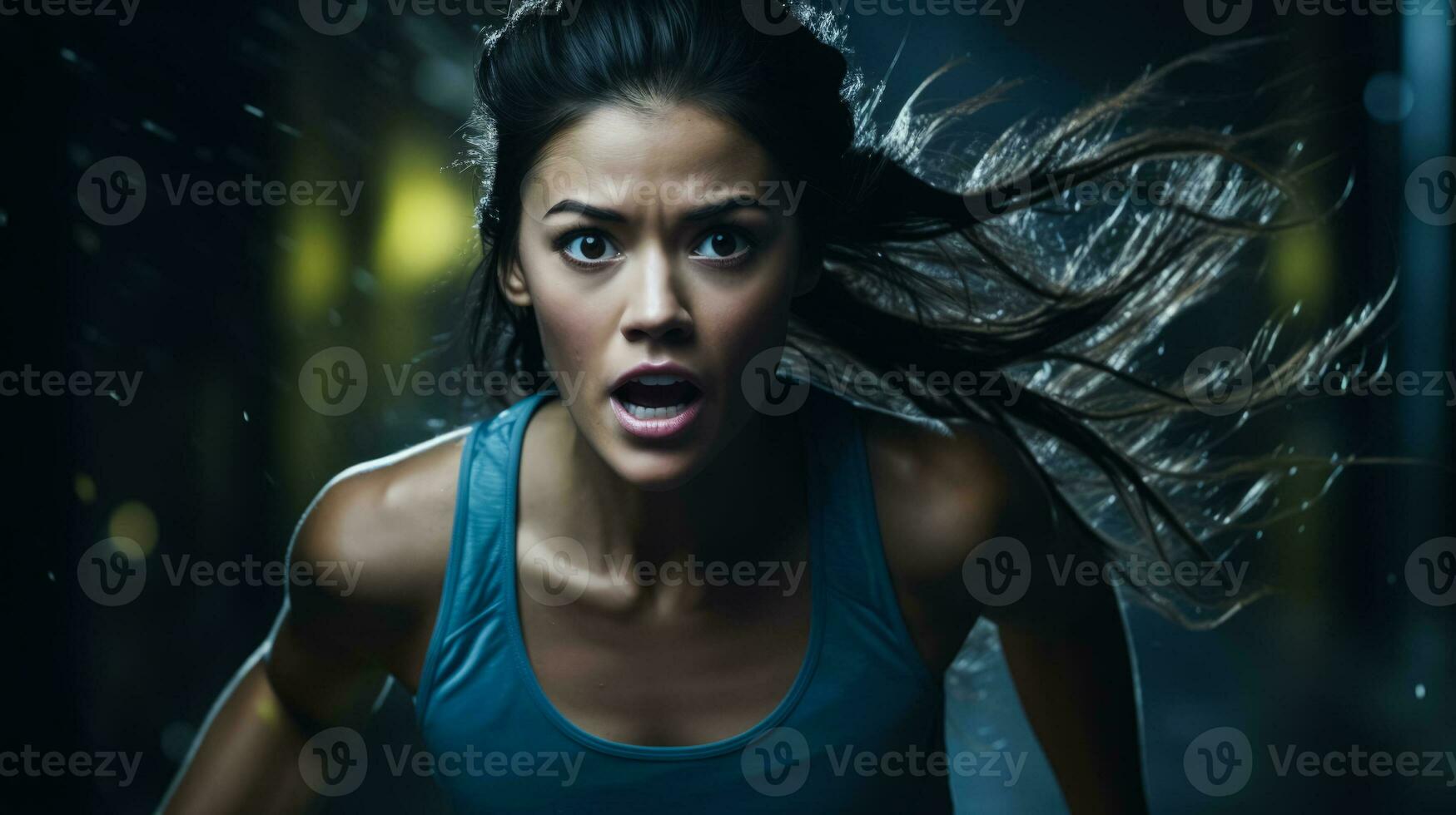 Running in slow motion confused face of woman on dark background with a place for text photo