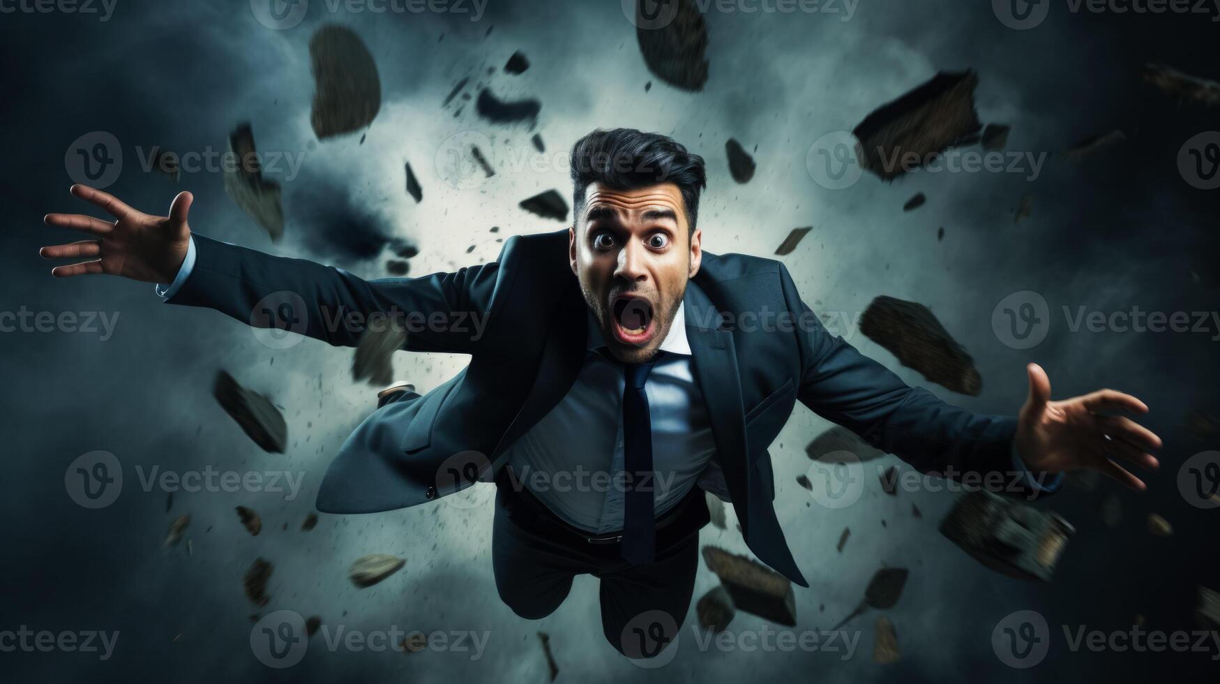 Falling from a great height shocked man dark background with a place
