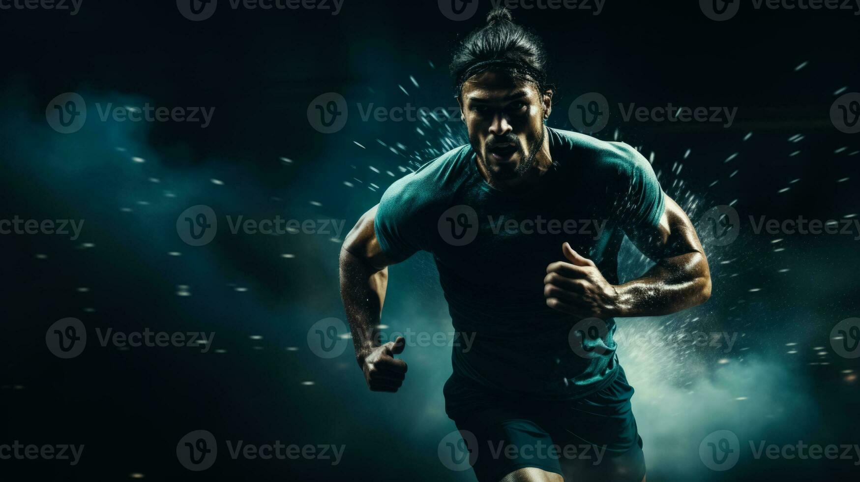 Running in slow motion on dark background with a place for text photo