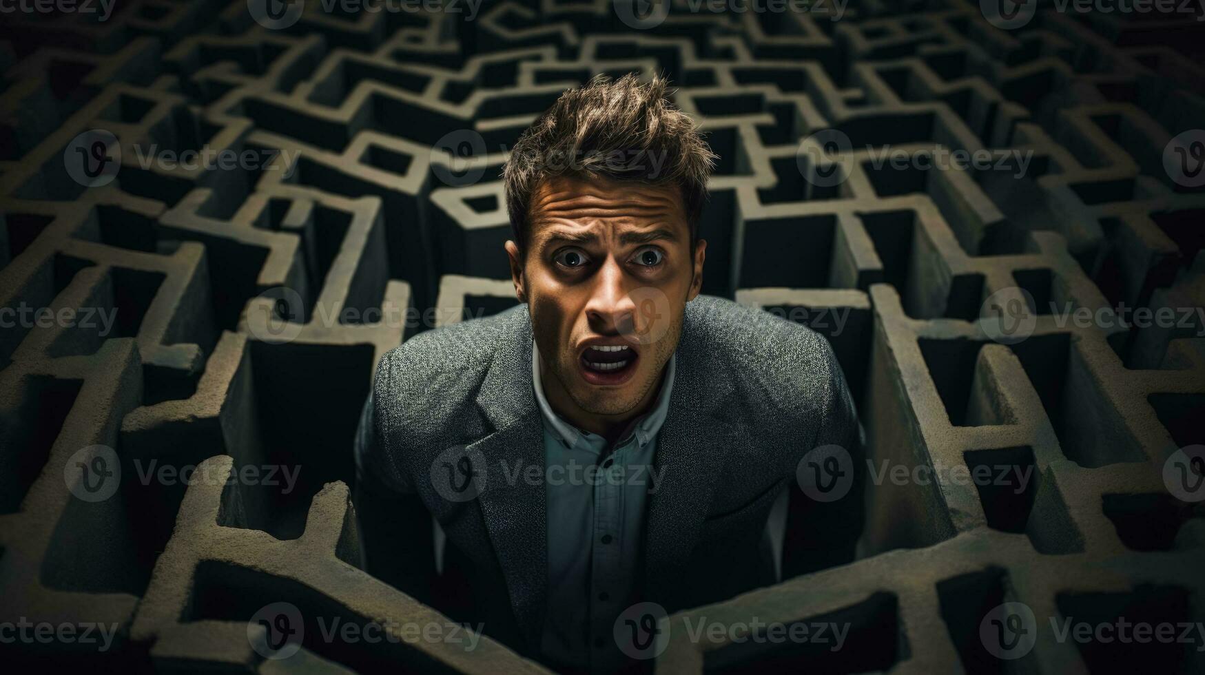 Being lost in a maze shocked face of a man dark background with a place for text photo