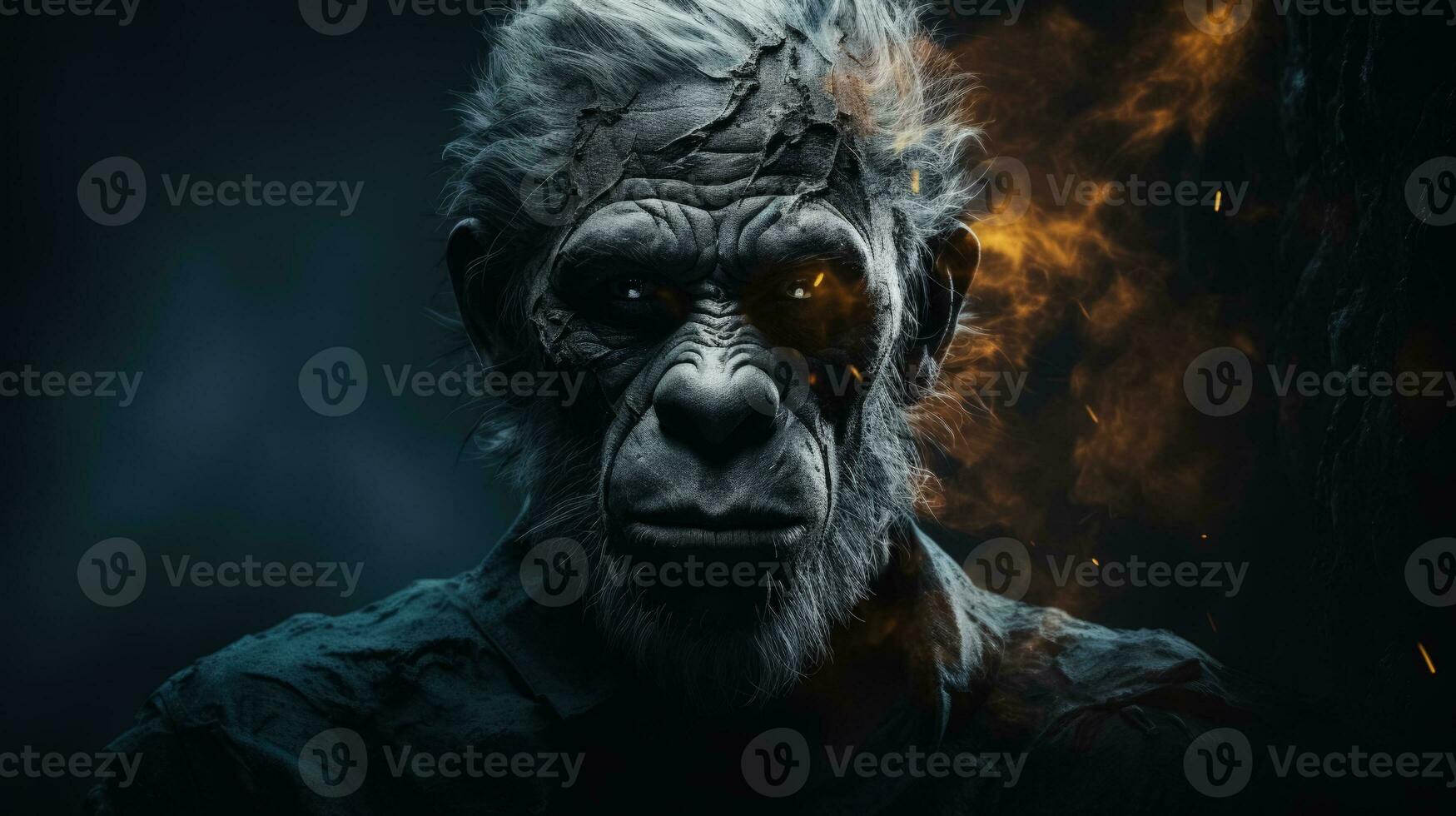 Turning into an animal or creature half man half creature on dark background with a place for text photo