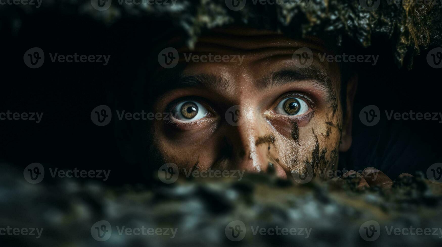 Being trapped in a confined space afraid face of a person on dark background with a place for text photo