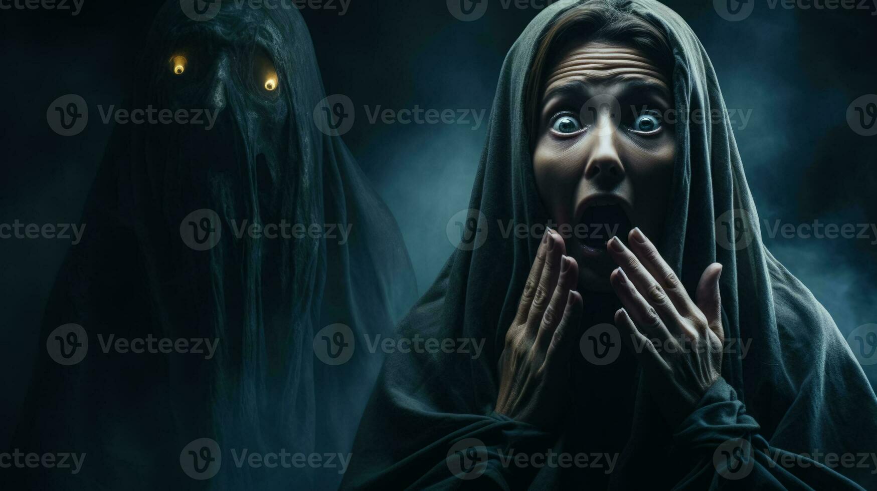 Meeting a deceased loved shocked face on a dark background with a place for text photo