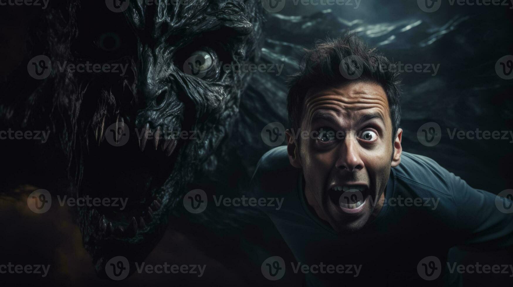 Being chased by a monster shocked face of a person dark background with a place for text photorealism photo