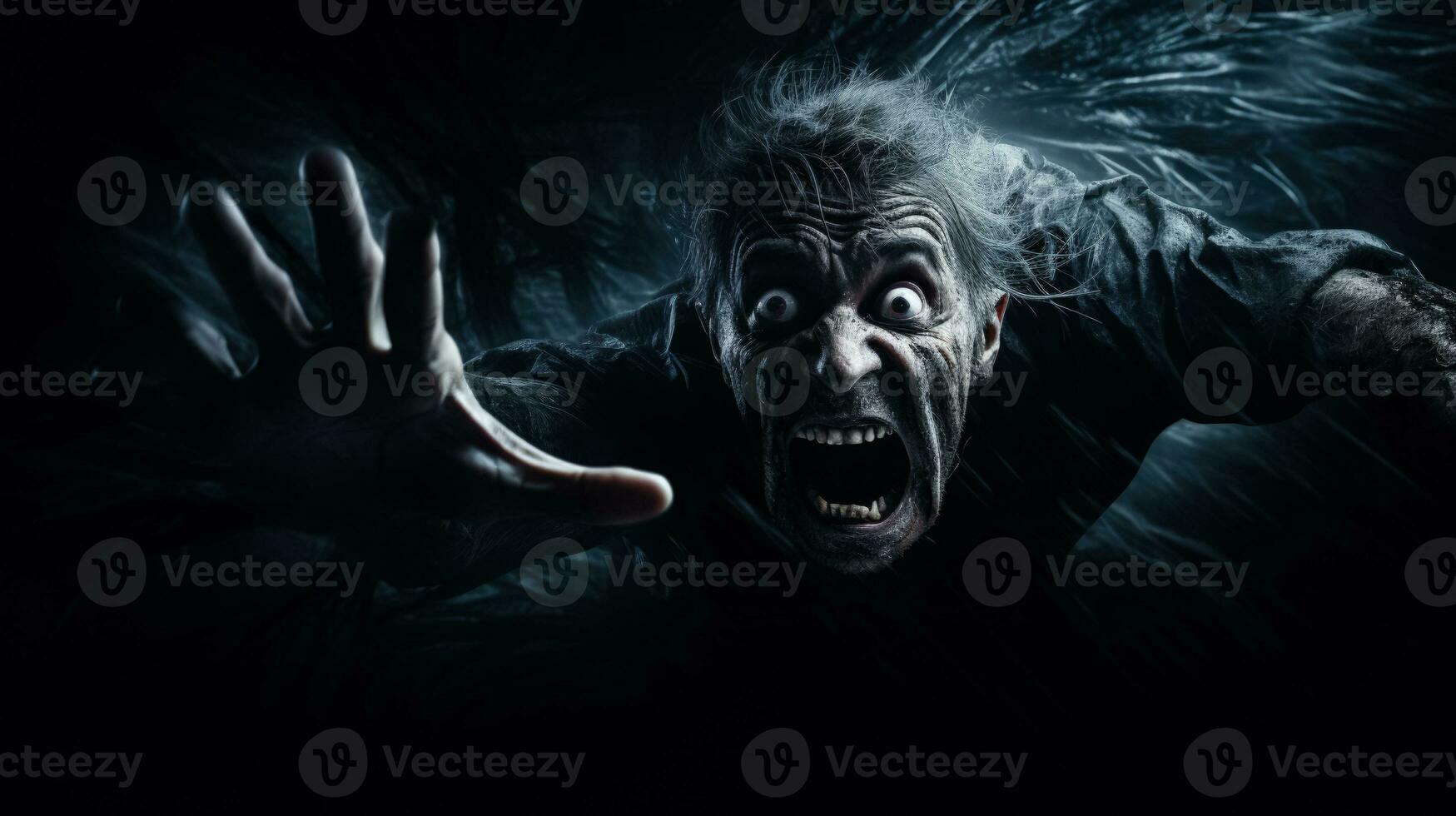 Being chased by a monster shocked face of a person dark background with a place for text photorealism photo
