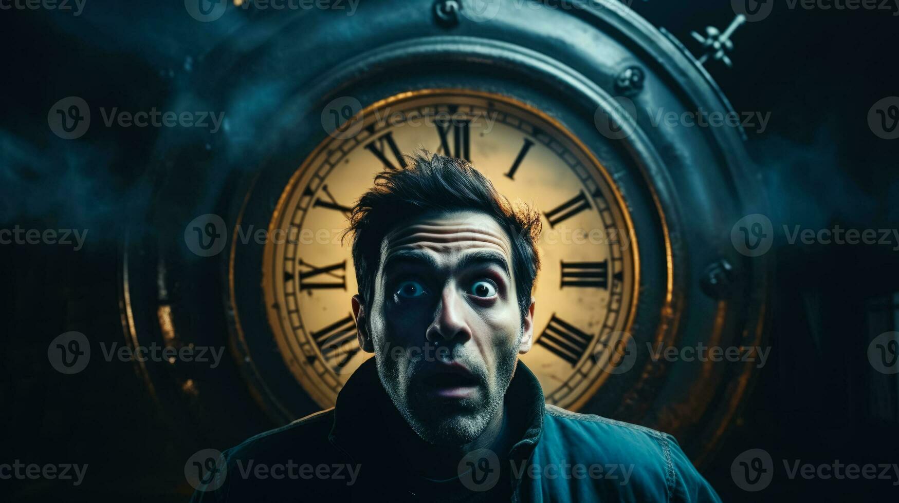 Shocked face of a person with watch to the past or future on dark background with a place for text photorealism photo