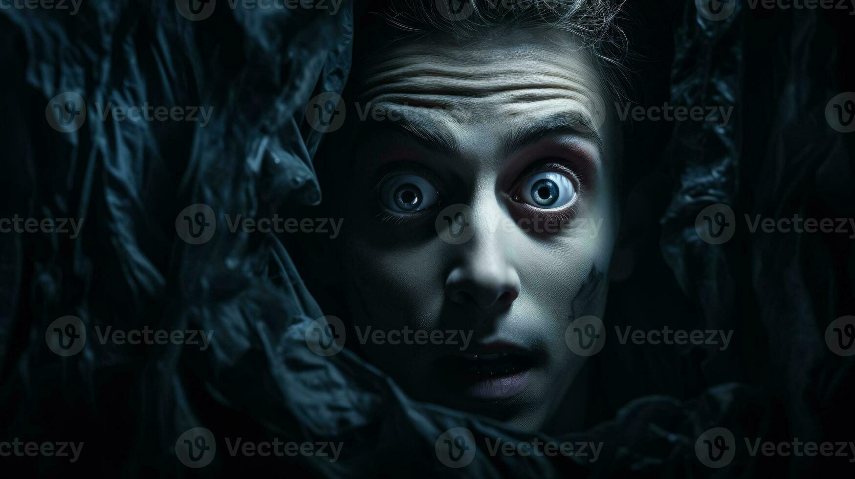 Walking through a haunted house shocked face on dark background with a place for text photo