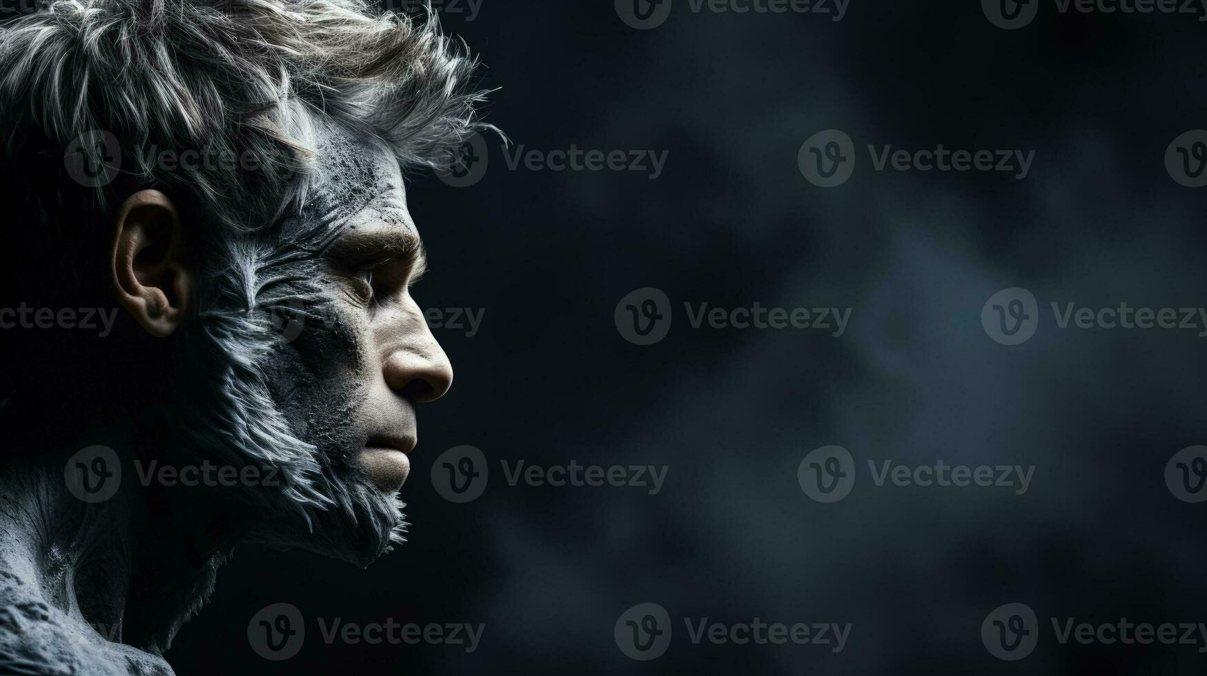 Turning into an animal or creature half man on dark background with a place for text photo