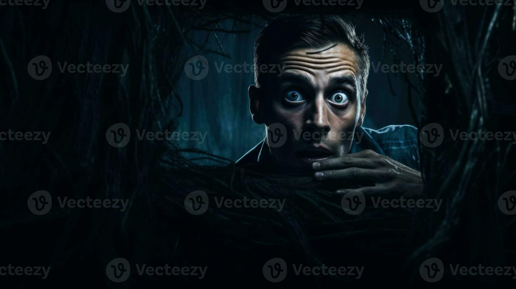 Walking through a haunted house shocked face on dark background with a place for text photo