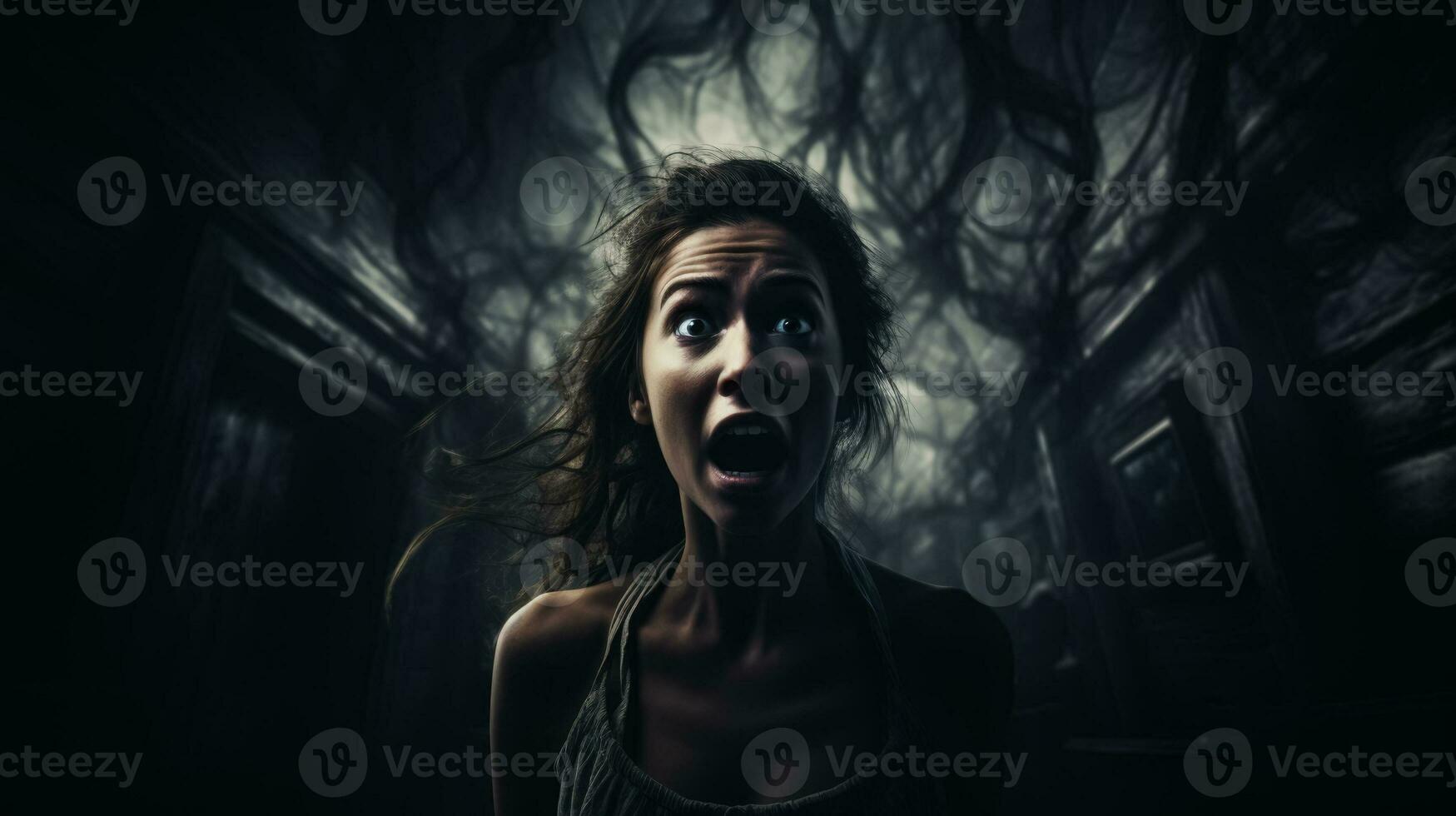 Walking through a haunted house stressed face on dark background with a place for text photo