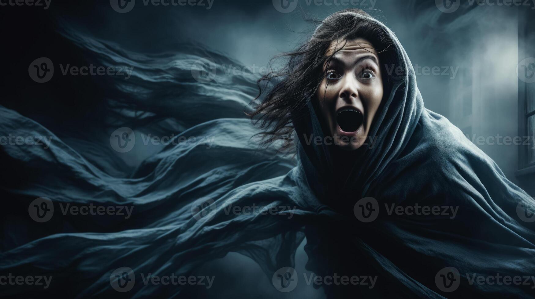 Walking through a haunted house shocked face on dark background with a place for text photo