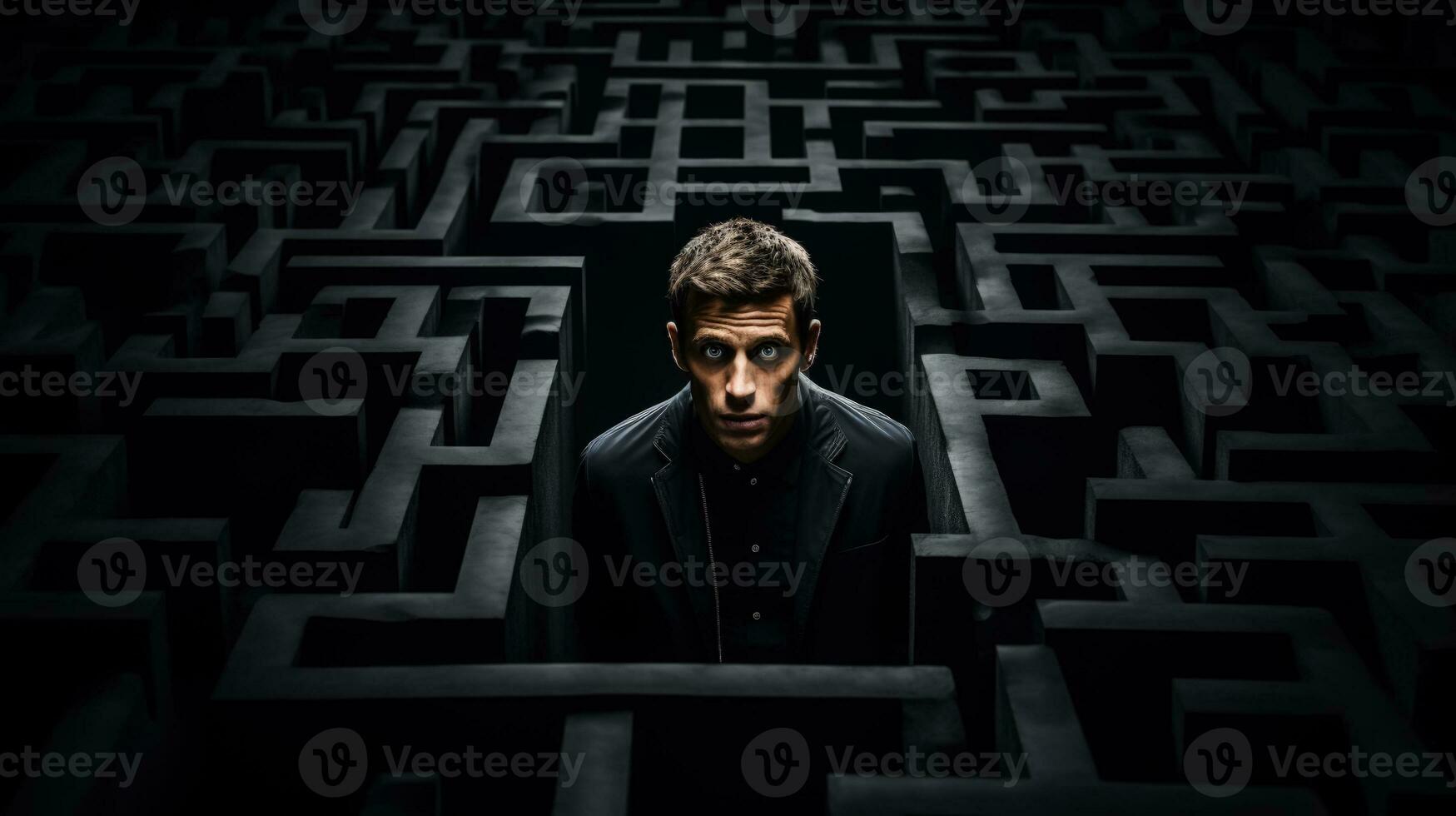 Being lost in a maze shocked face of a man dark background with a place for text photo