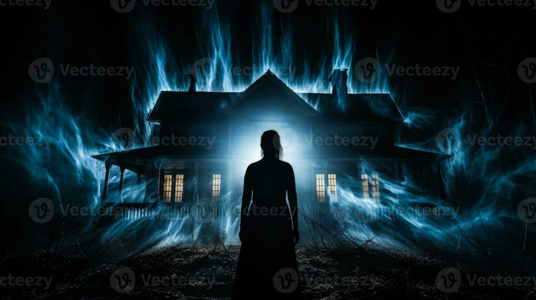 caminando mediante un obsesionado casa temeroso cara en un oscuro antecedentes con un sitio para texto foto