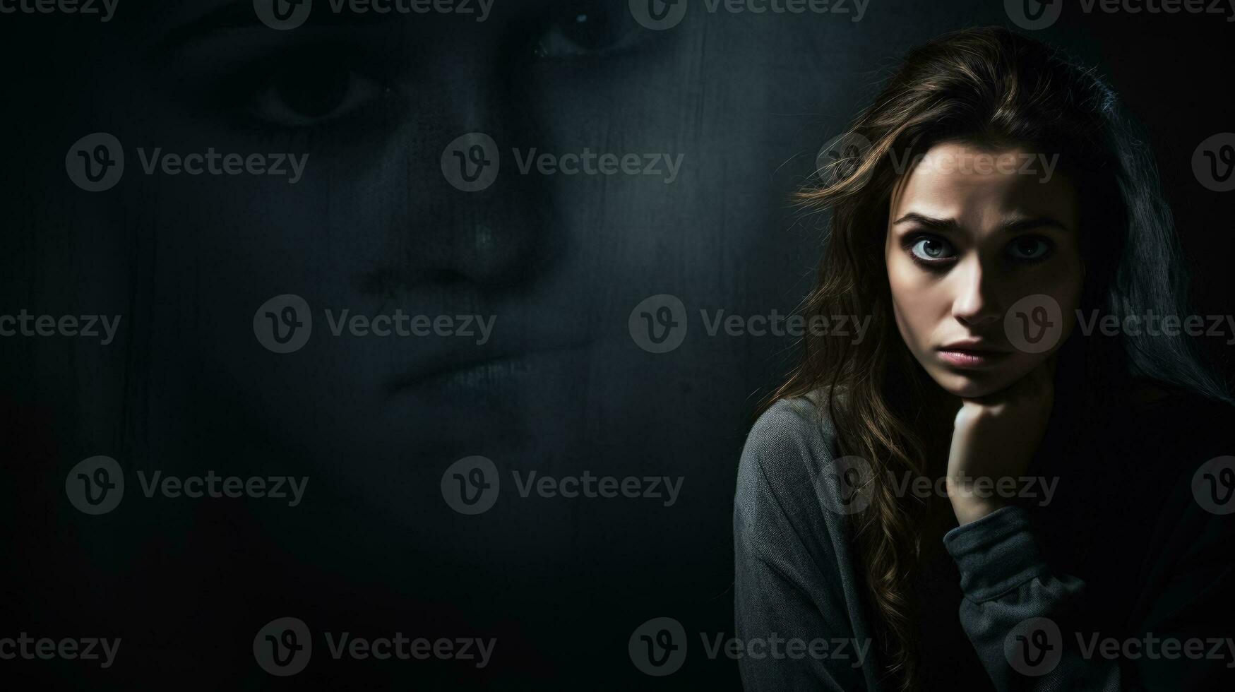 Meeting a deceased loved confused face on a dark background with a place for text photo