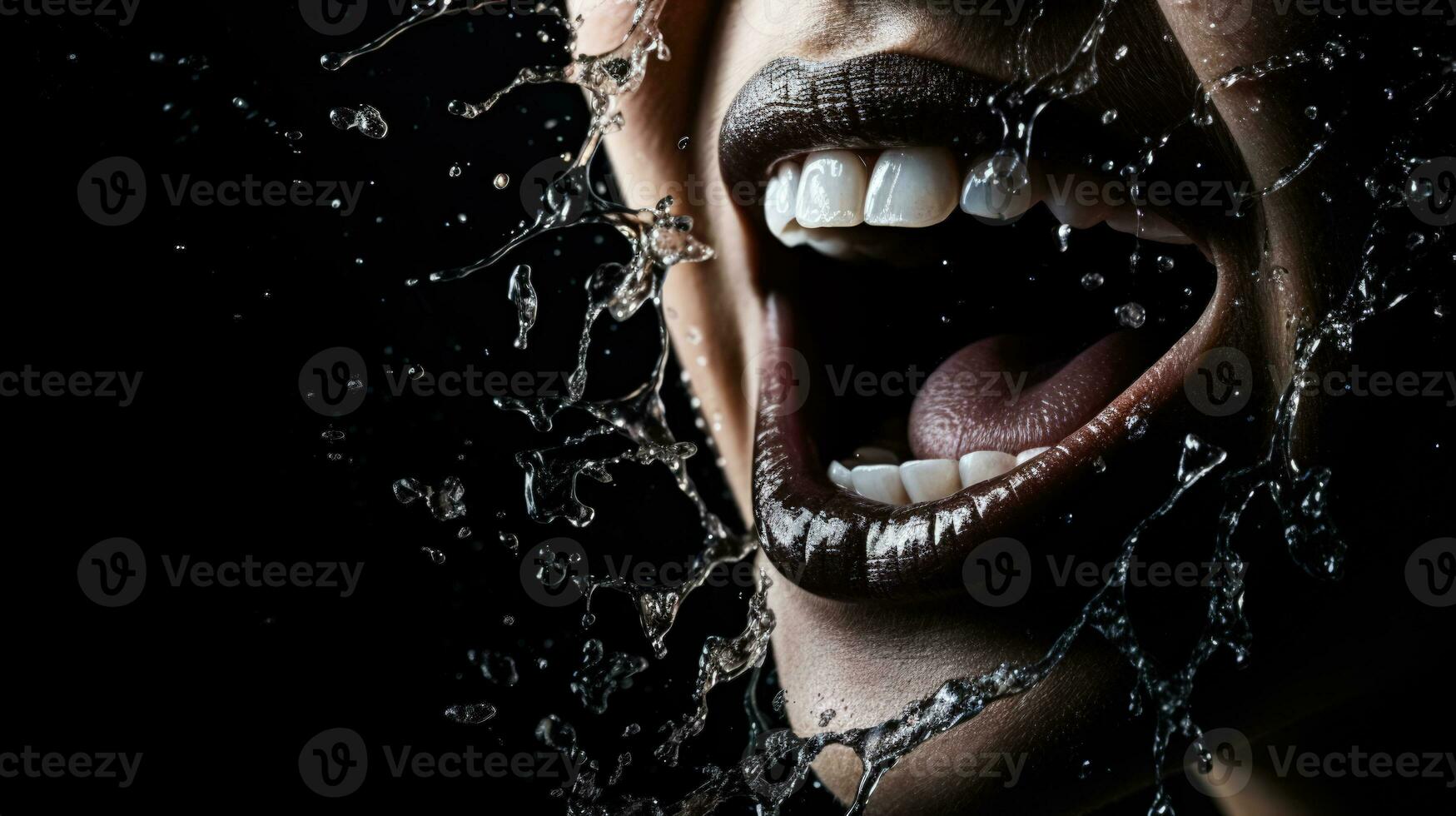 Teeth falling out screaming face of a woman on dark background with a place for text photo