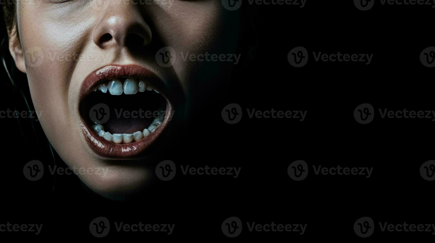 Teeth falling out shocked face of a person on dark background with a place for text photo