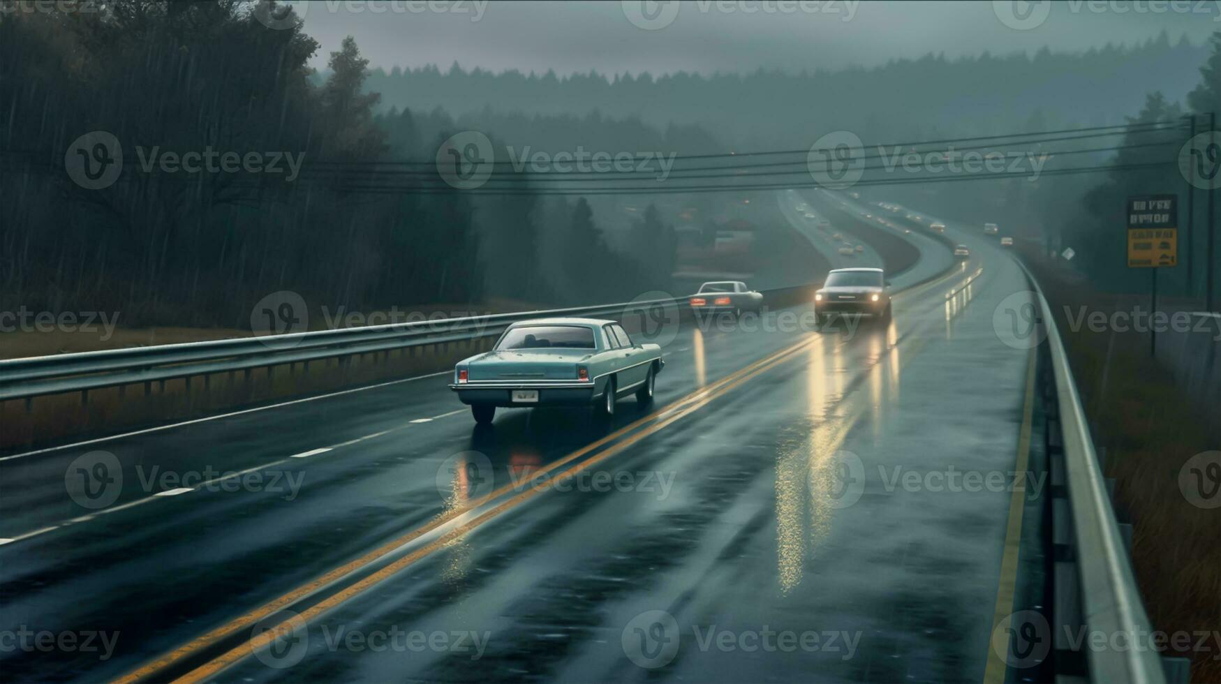 Car driving on a highway in the rain. Motion blur effect. photo