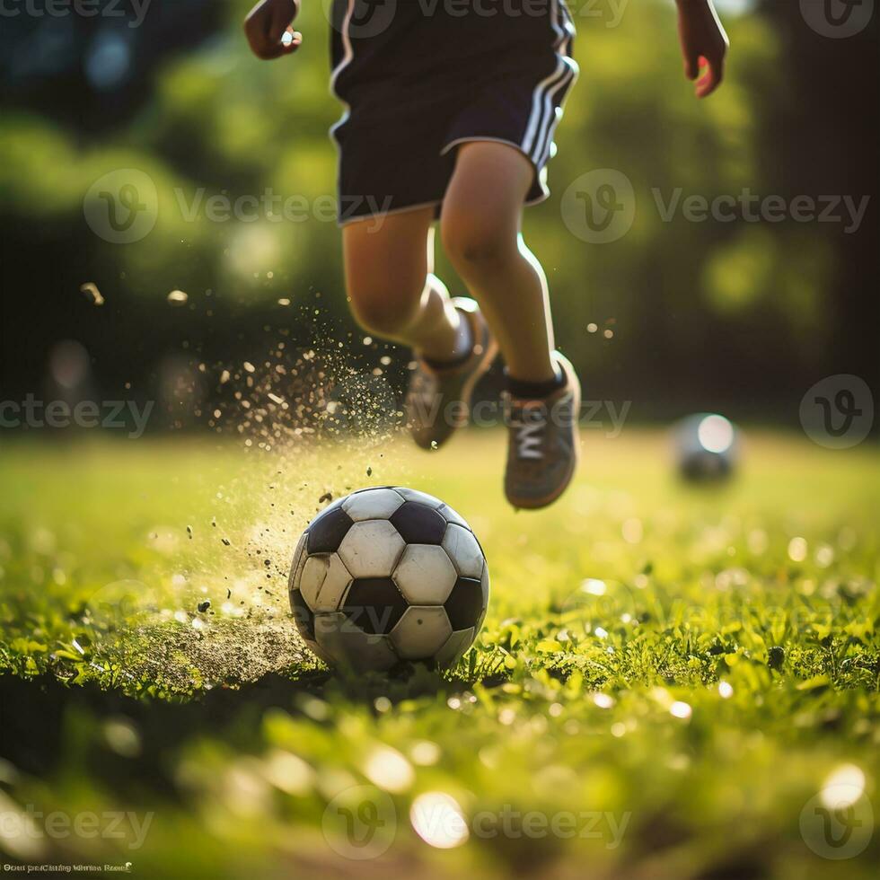 Child playing football on the field. Little boy kicking a soccer ball. photo