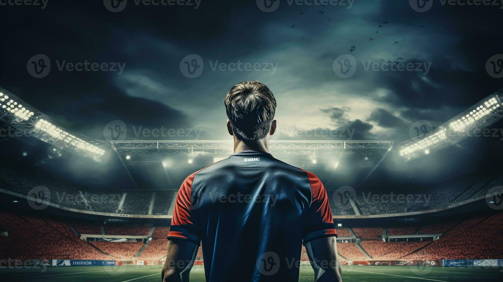 Rear view of soccer player standing against football stadium with lights and flares photo