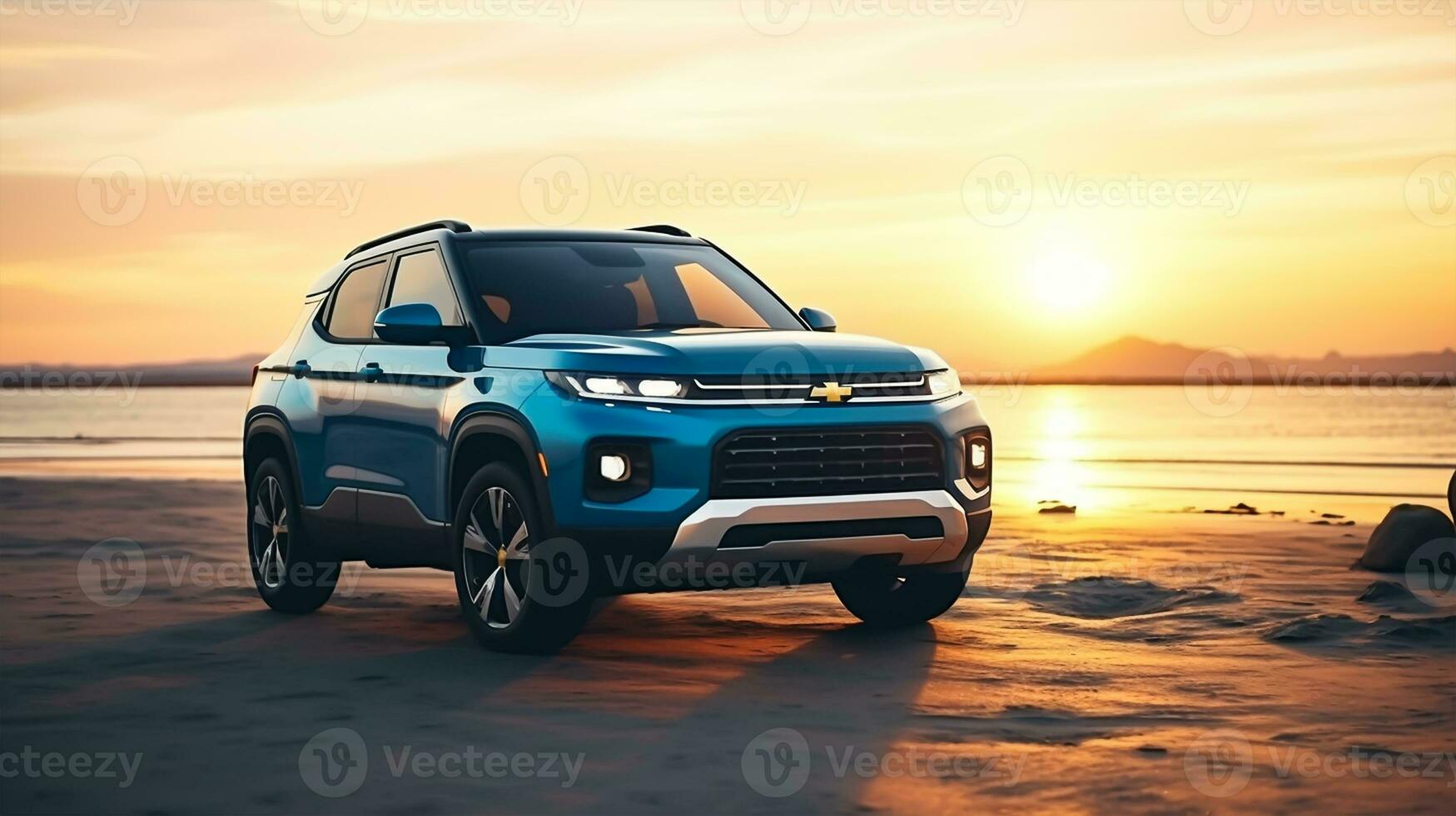 A brand-less generic SUV car on the beach at sunset photo