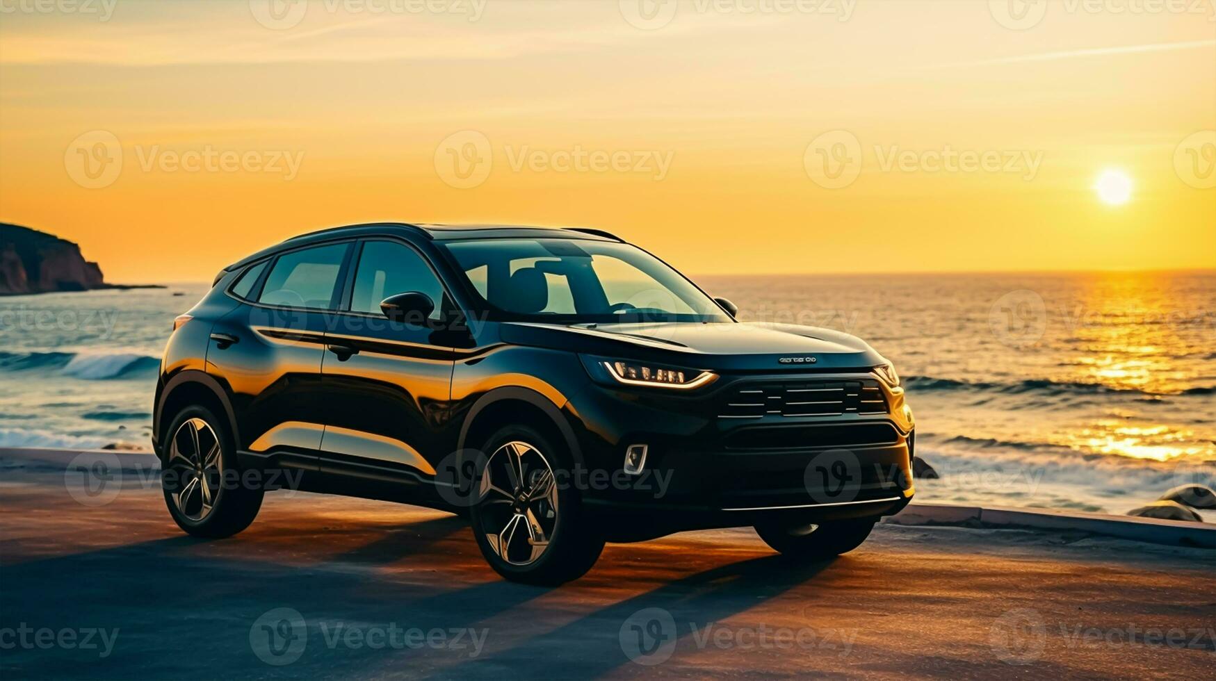 A brand-less generic SUV car on the beach at sunset photo