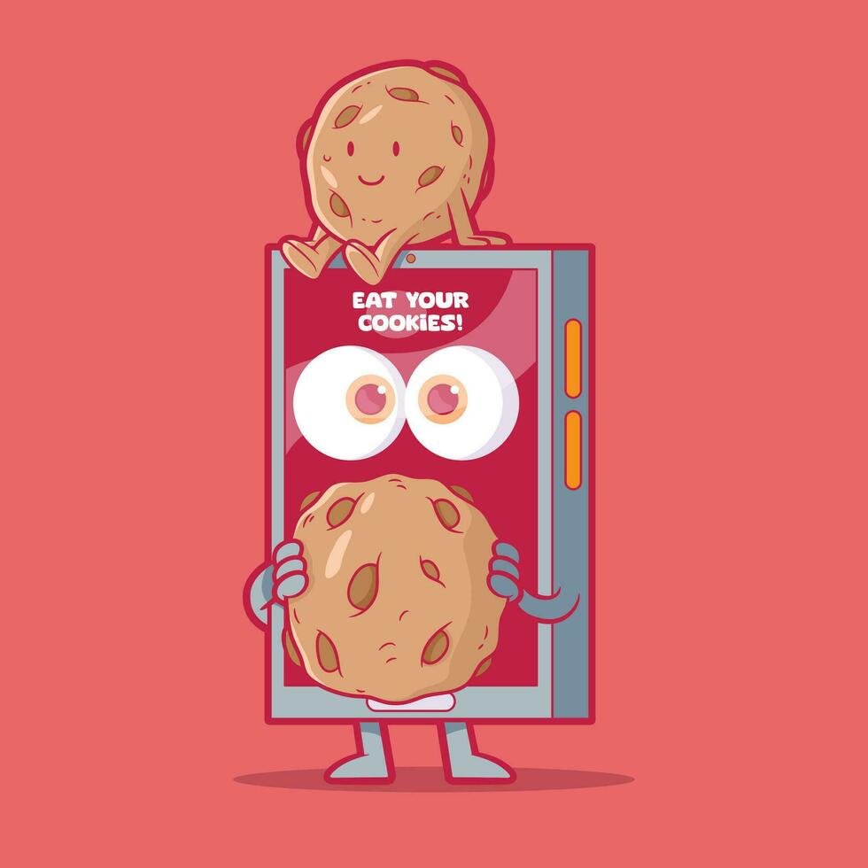 Smartphone character eating cookies vector illustration. Tech, privacy, digital design concept.