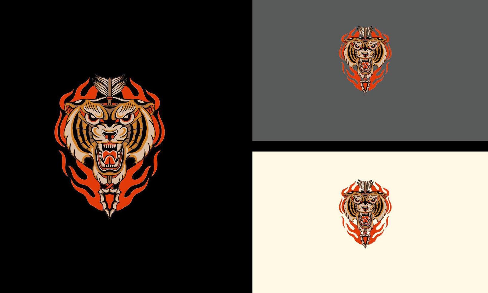 head tiger and flames angry vector mascot design