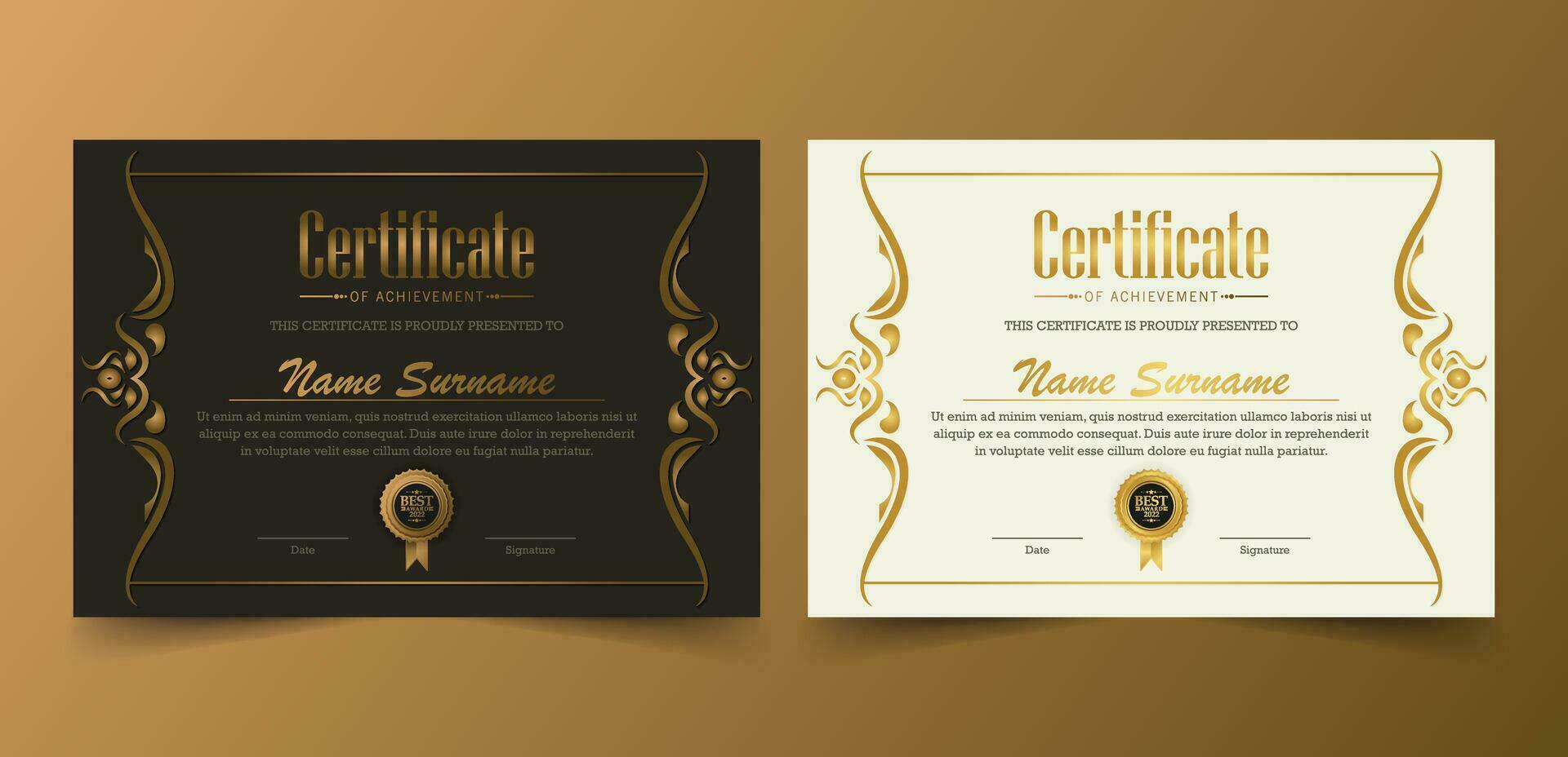 lujo oro certificado con oro marco color vector