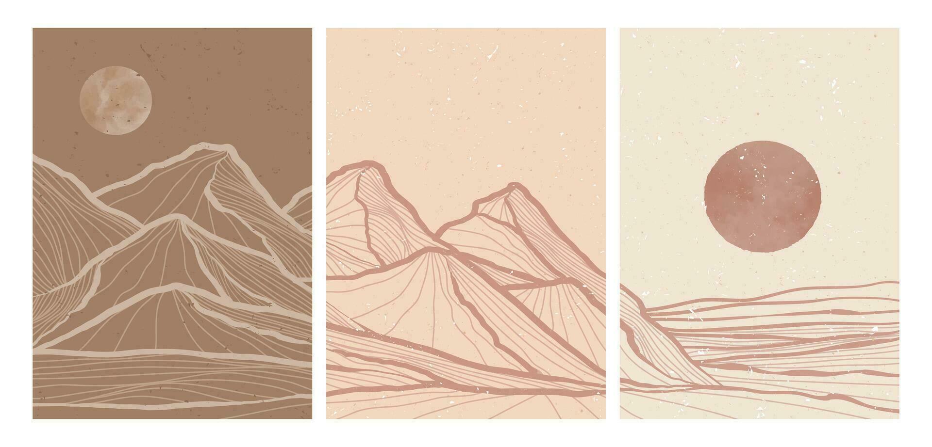 montaña línea Arte modelo ilustraciones. resumen montaña contemporáneo estético antecedentes paisajes con montaña, horizonte y luz de la luna vector
