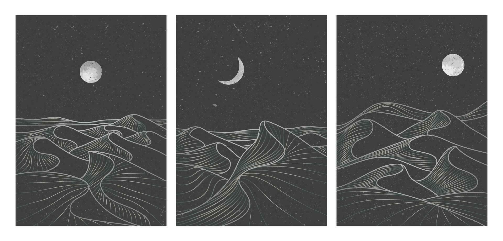 set of creative minimalist modern line art print. Abstract mountain contemporary aesthetic backgrounds landscapes. with desert, mountain, forest, skyline, wave. vector illustrations