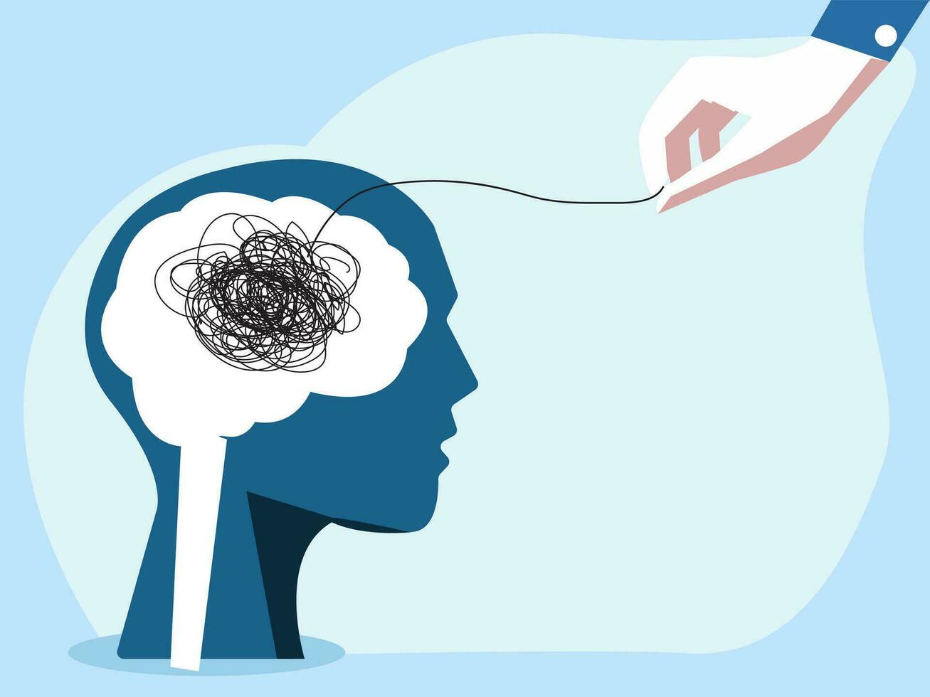 Psychologic therapy session concept with human head silhouette and helping hand unravels the tangle of messy thoughts with mental disorder, anxiety and confusion mind or stress. Vector illustration.