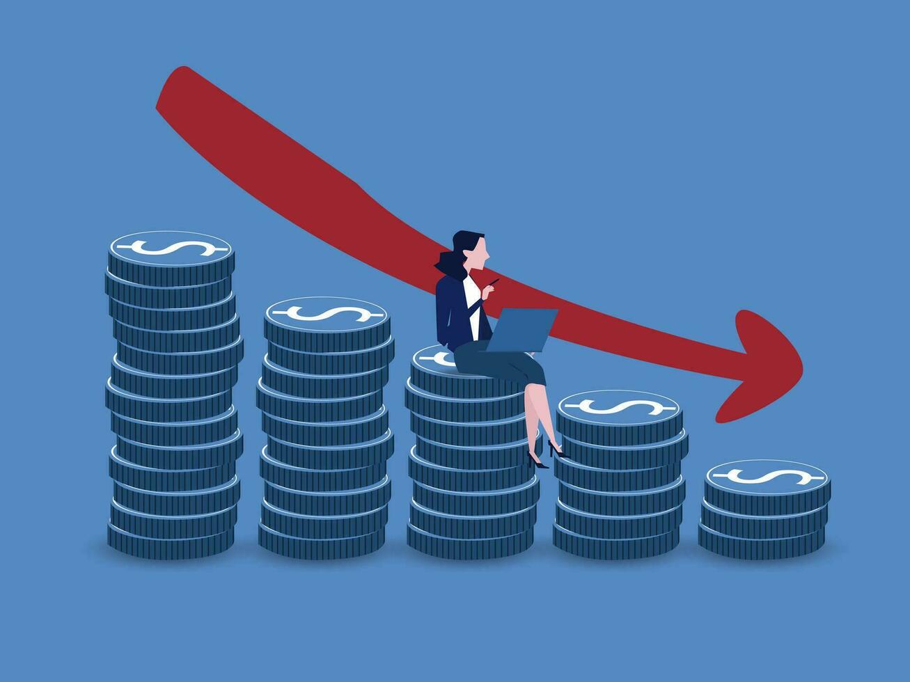 Economic recession, financial crisis or stock market crash due to COVID-19  pandemic concept, unemployed businesswoman investor or business owner sitting on falling down bar graph, red arrow. vector