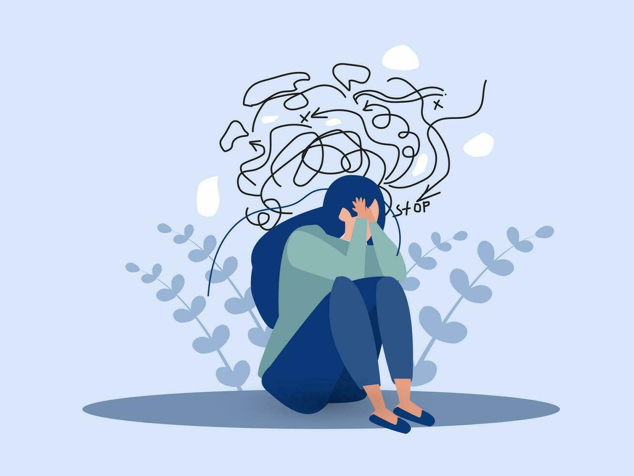 mujer sufre desde obsesionante pensamientos dolor de cabeza irresoluto cuestiones psicológico trauma depresión. mental estrés pánico mente trastorno ilustración plano vector ilustración.