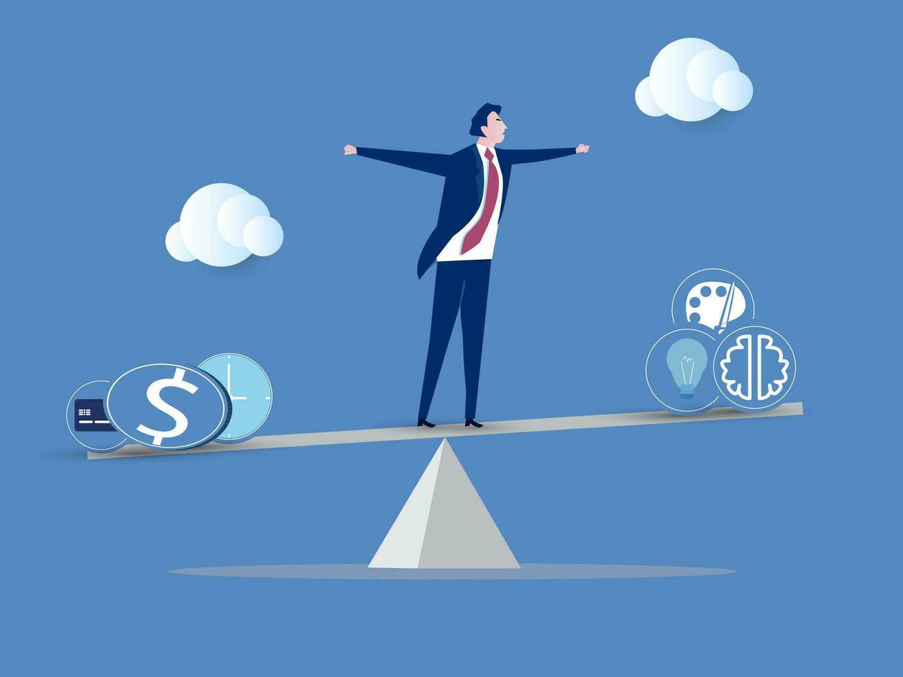 Balance at Work Concept. Businessman Character Balancing on Huge Seesaw with Different Values Time, Money, Finance Freedom, Hobby or Self Development, Education.  People Vector Illustration