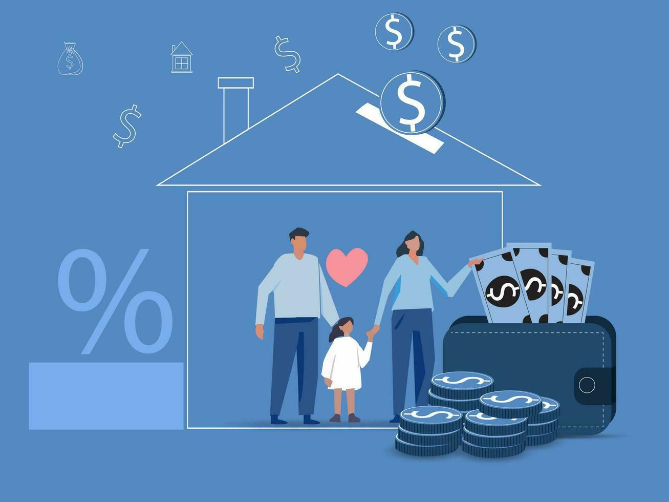 Family buying real estate with mortgage and paying credit to bank. People save money and buy house in debt, invest money in property. House loan, rent. Home is like a piggy bank. Vector illustration.