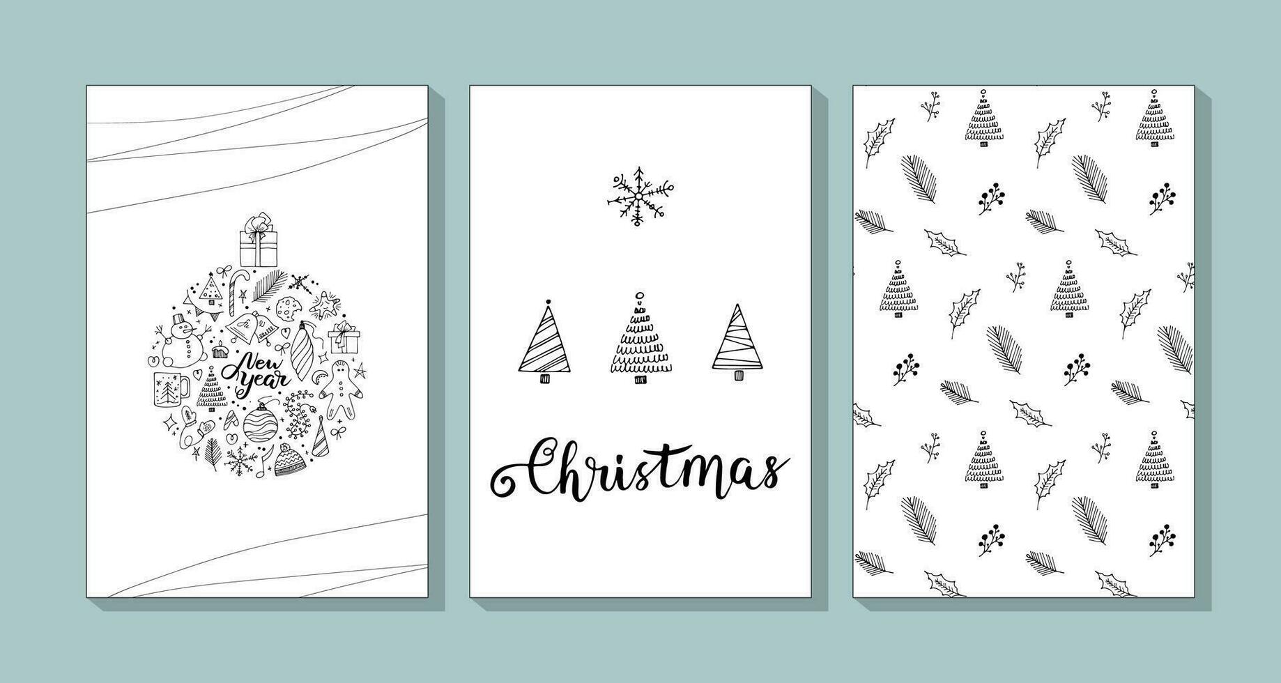 Collection of vector Christmas cards. Greeting board with hand drawn Christmas symbol and pattern. Includes holiday doodle lettering.