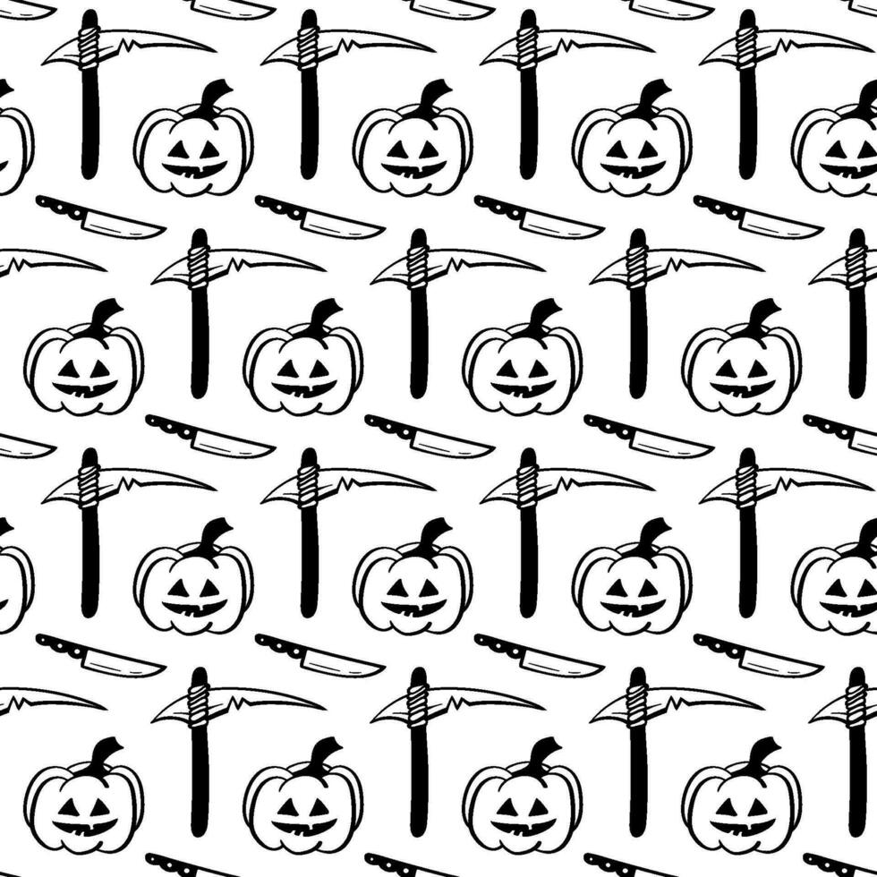 Halloween Seamless pattern in doodle style. Vector hand drawn holiday illustration. Line art sketch