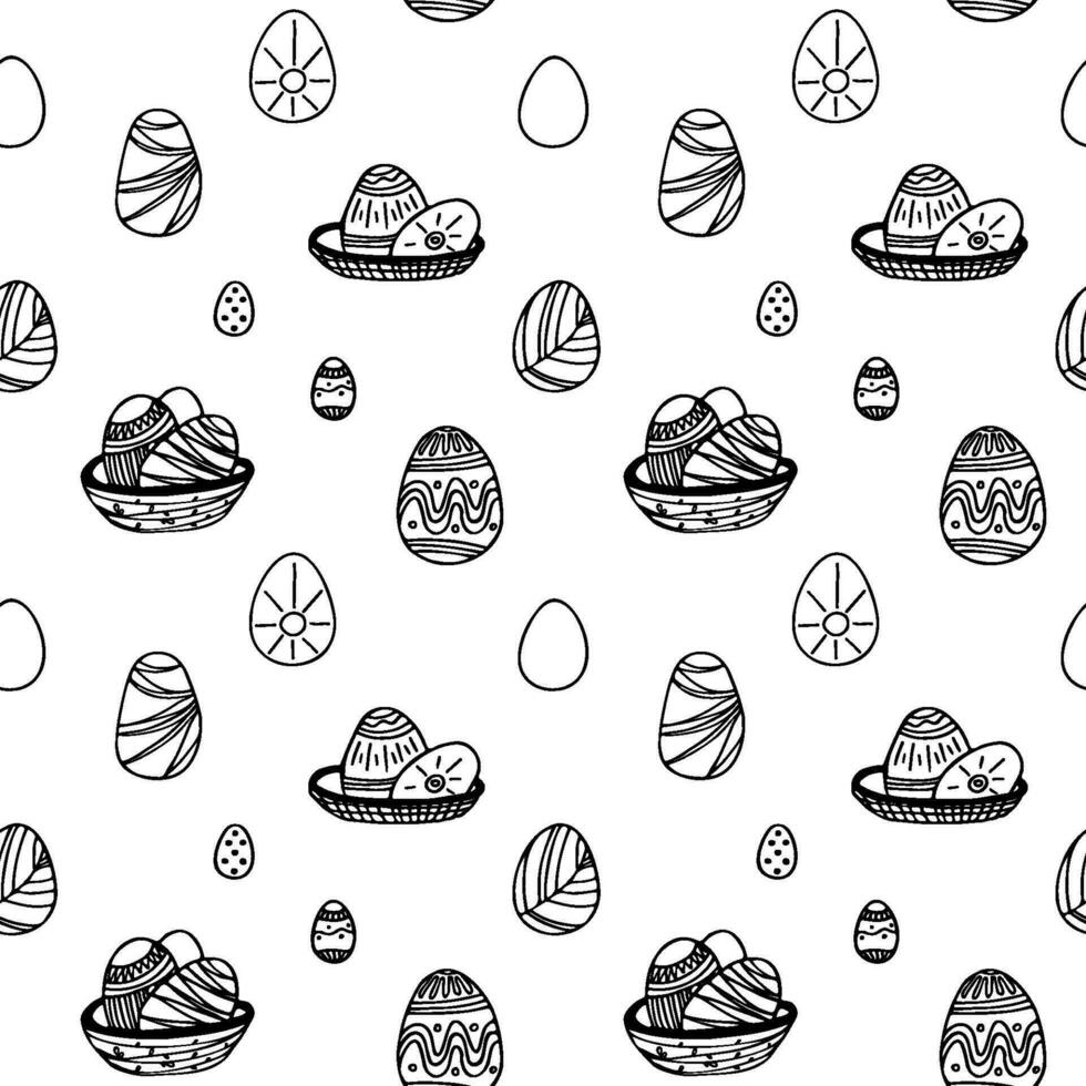 Vector Easter seamless pattern. Great spring Holiday background. Doodle outline illustration. Cute hand drawn elements