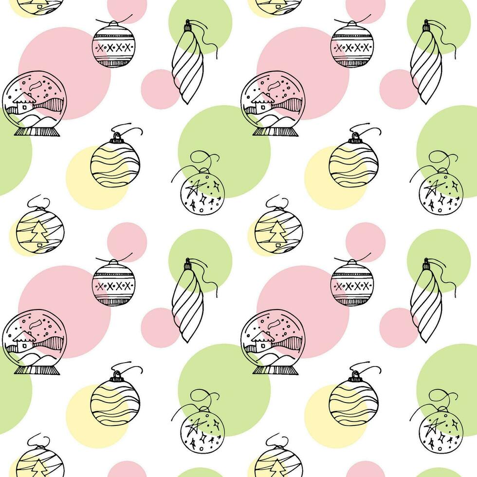 Vector Christmas seamless pattern. Happy Winter Holiday background. Doodle outline New Year ornamen with ball