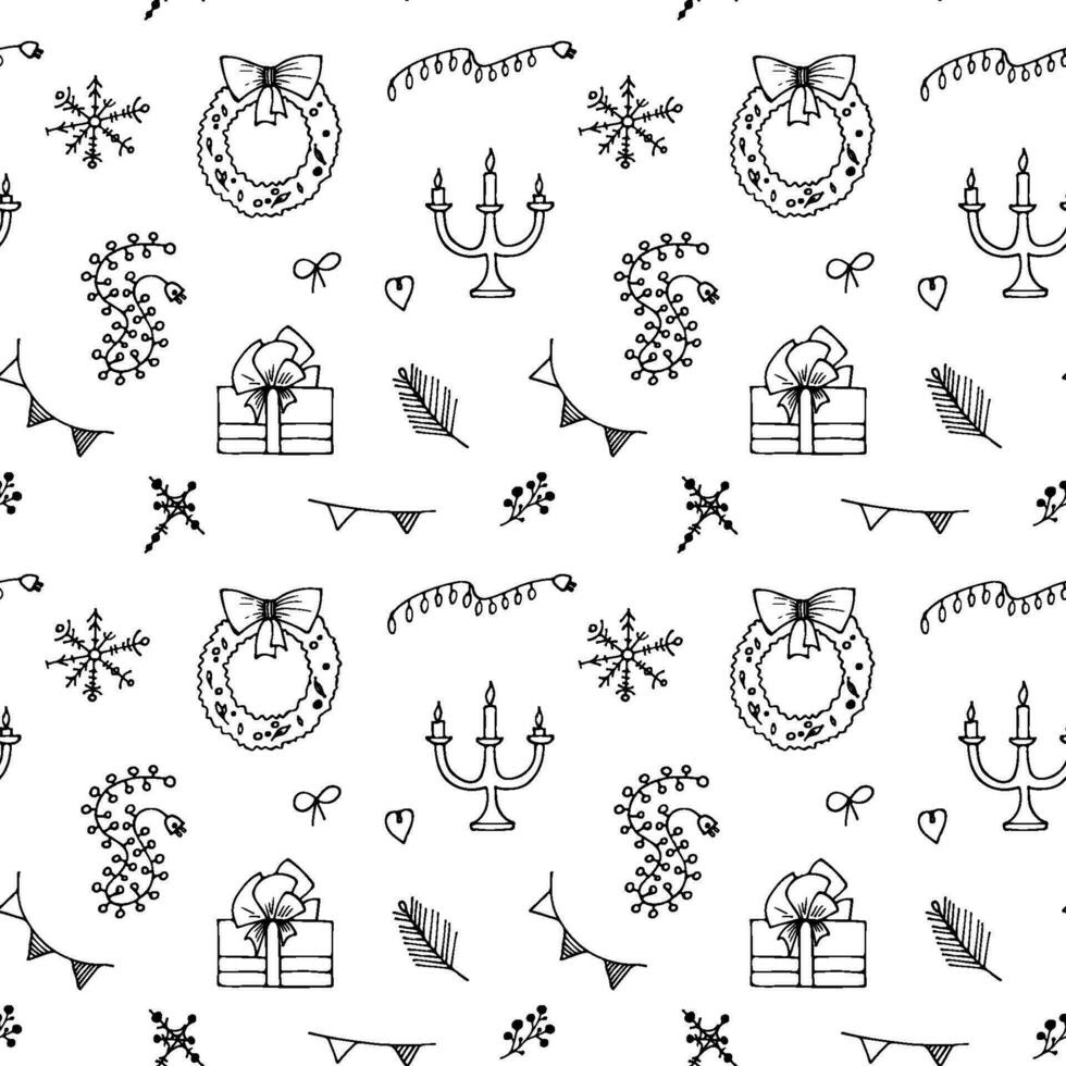 Vector Christmas seamless pattern. Happy Winter Holiday background. Doodle outline New Year ornamen