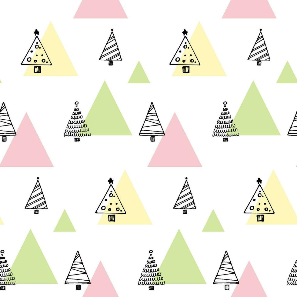 Winter hand drawn seamless pattern.  Vector Christmas tree line illustration. Happy New Year Holiday