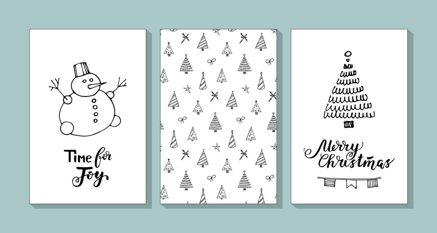 Collection of vector Christmas cards. Greeting board with hand drawn Christmas symbol and pattern. Includes holiday doodle lettering.