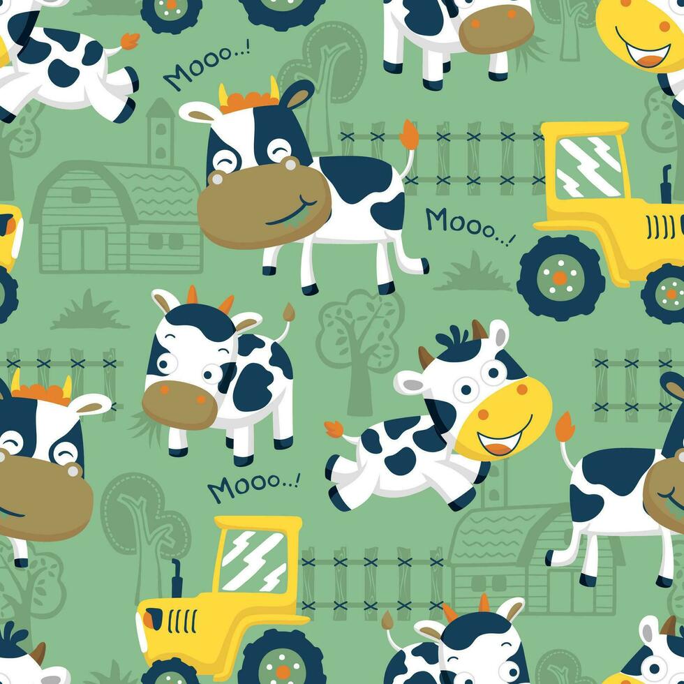 Seamless pattern vector of funny cow cartoon with tractor on farming elements background