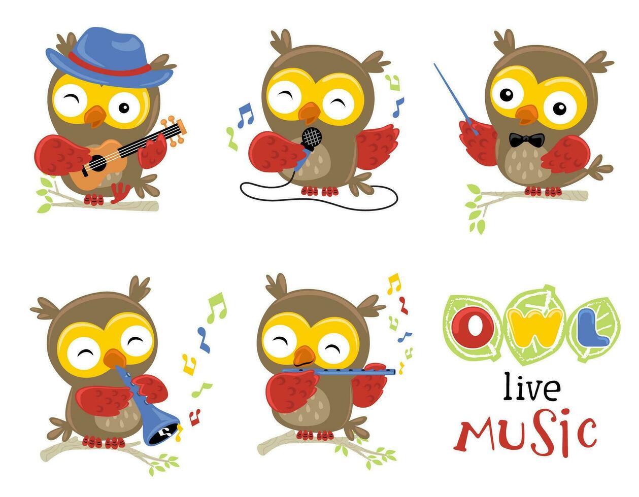 Group of funny owl cartoon illustration in music performance vector